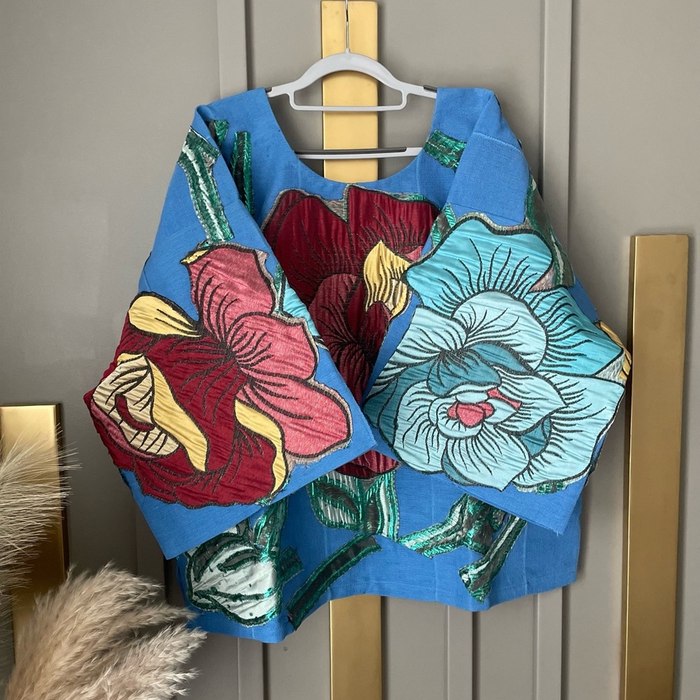 Blue Floral Embroidered Top